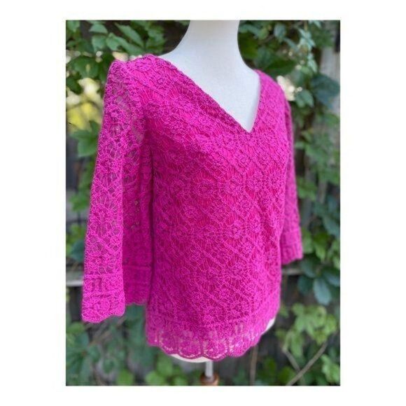 Vintage Crotchet Lace Fuschia Top Shirt 3/4 Sleeve - Picture 6 of 15